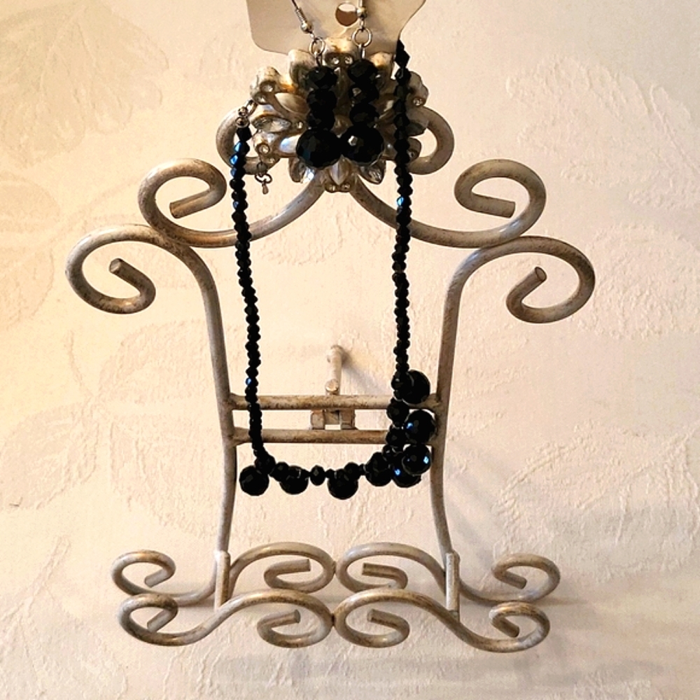 NEW Jet Black Multi-faceted Beaded Necklace & Earrings Set